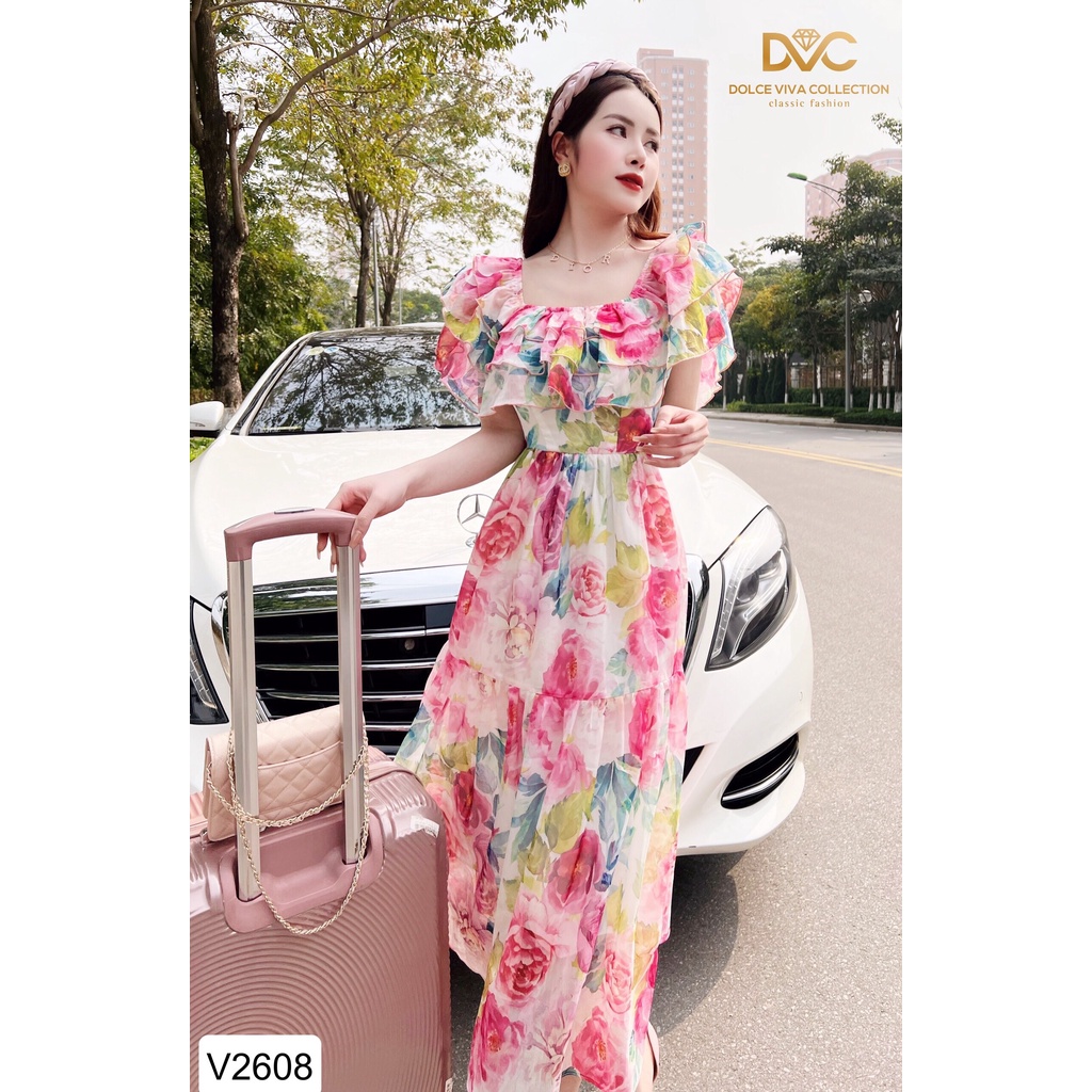 VÁY HOA MAXI HỒNG HOA TRỄ VAI V2608 - DVC