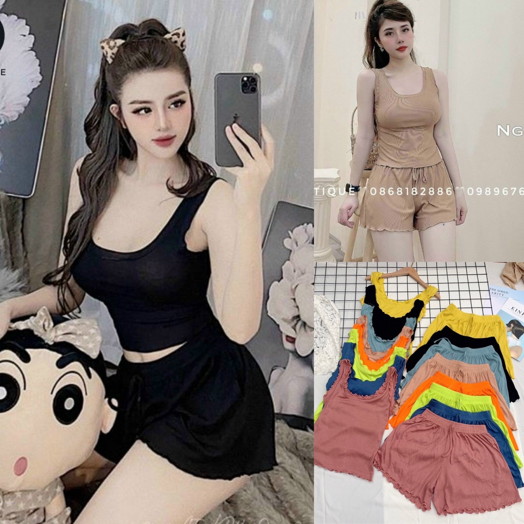 Bộ mặc nhà áo 3 LỖ VIỀN BÈO kèm quần short cotton lạnh thoải mái