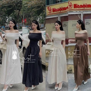 Váy thiết kế BY JUVÉNILE maxi trễ vai phong cách tiểu thư thanh lịch trẻ trung V03