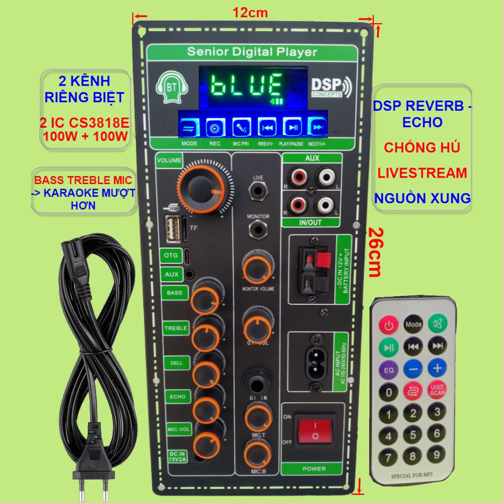 Mạch loa kéo 2 kênh OTG Livestream Chống hú DSP Reverb – Echo 2 IC CS3818E 100W + 100W – Loa kéo 3 tấc đôi