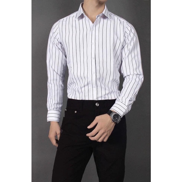 Sơ mi nam kẻ sọc TRẮNG ĐEN lịch sự form body classic,đi học,đi làm,mặc âu phục sơ vin sang trọng,mát,ko nhăn.mồ hôi