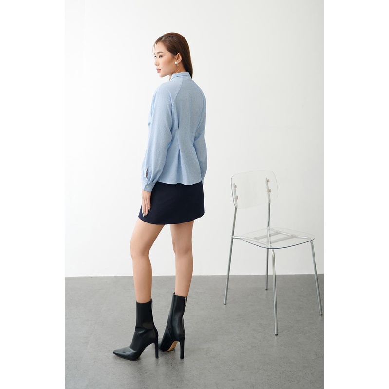 Áo sơ mi cột nơ cổ tay dài xếp ly thân thời trang GAGO hoạ tiết sọc xanh da trời GA4286