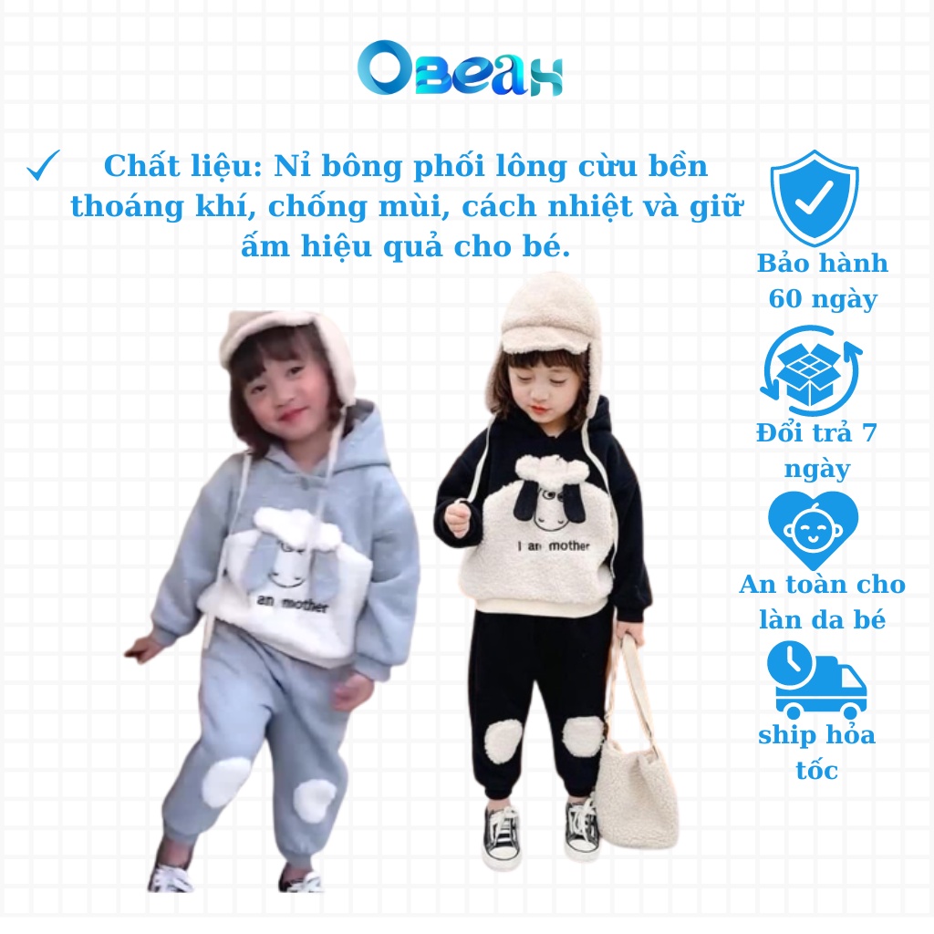 Bộ đồ thu đông cho bé, OBEAH chất liệu lông cừu cao cấp hàng vnxk size 8