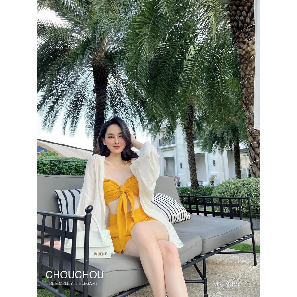 SÉT 3 MÓN ĐI BIỂN KHOÁC SƠ MI KÈM BRA CỘT NƠ SHORT