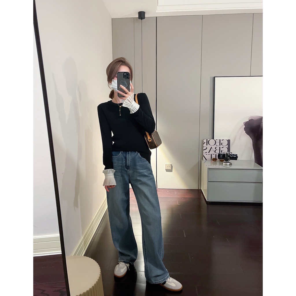Quần Jean Lưng Cao Ống Rộng Màu Sắc Tương Phản Phong Cách Retro Thời Trang Cho Nữ