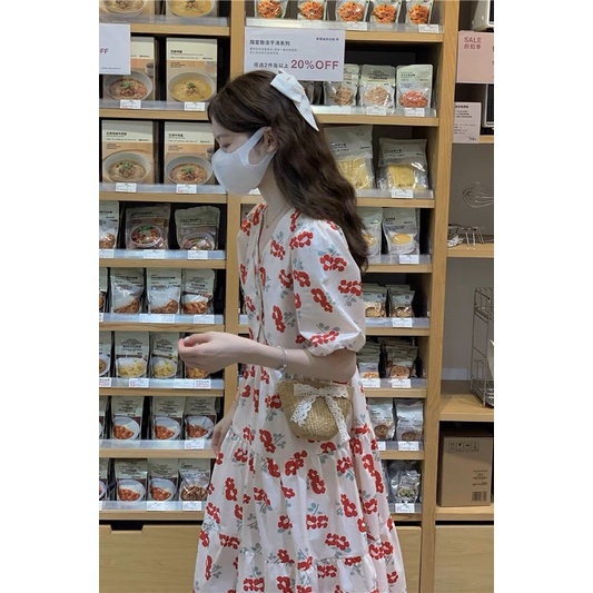 Váy Đầm Nữ Cổ Tim Tay Bồng Hoa Nhí Dáng Dài Babydoll Form Dễ Mặc