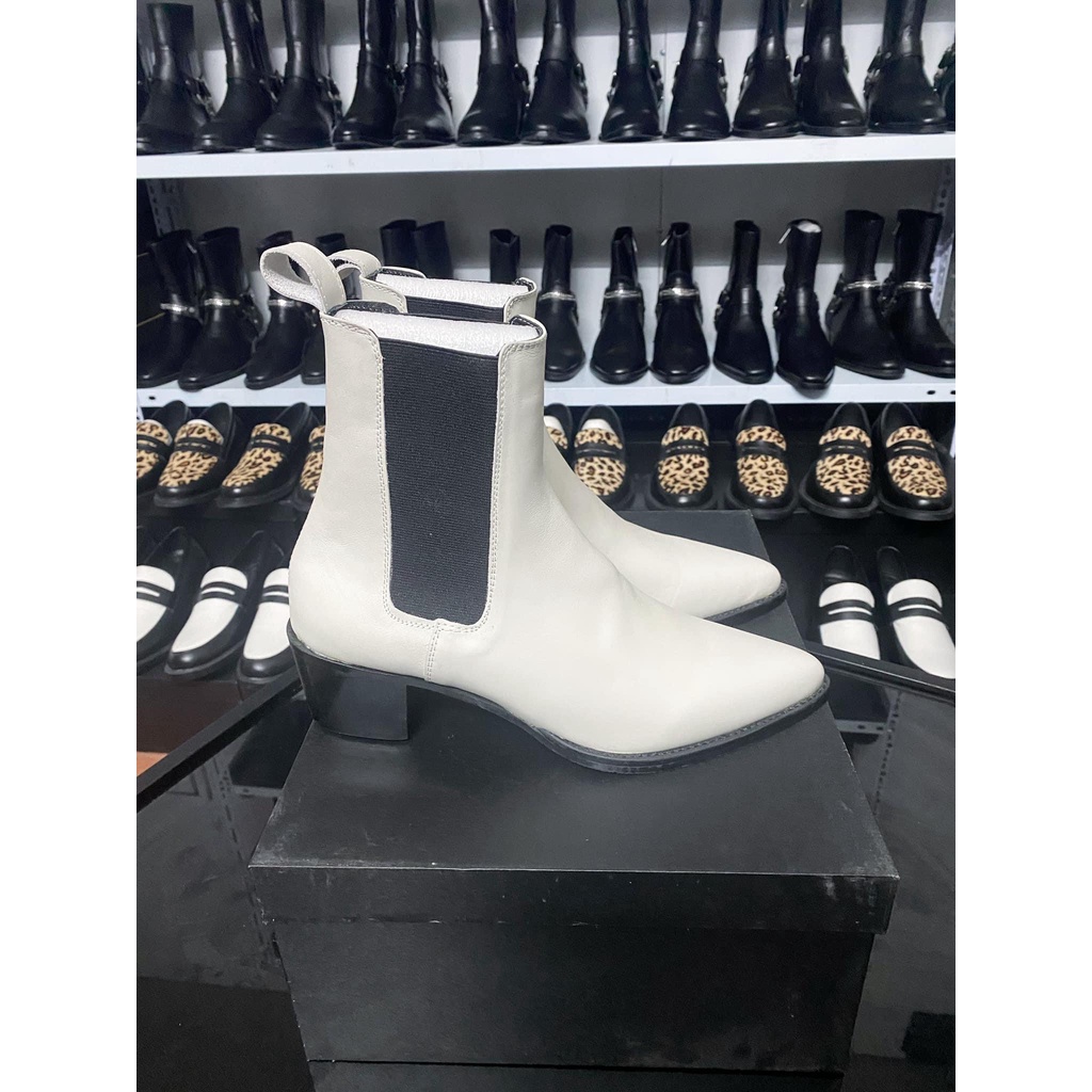 THE DAKANA Monochrome Chelsea Boots, Giày Bốt Nam Trắng Đế Đen Cao 5cm Da Bò nguyên tấm khâu gót gỗ Bảo Hành 12 tháng