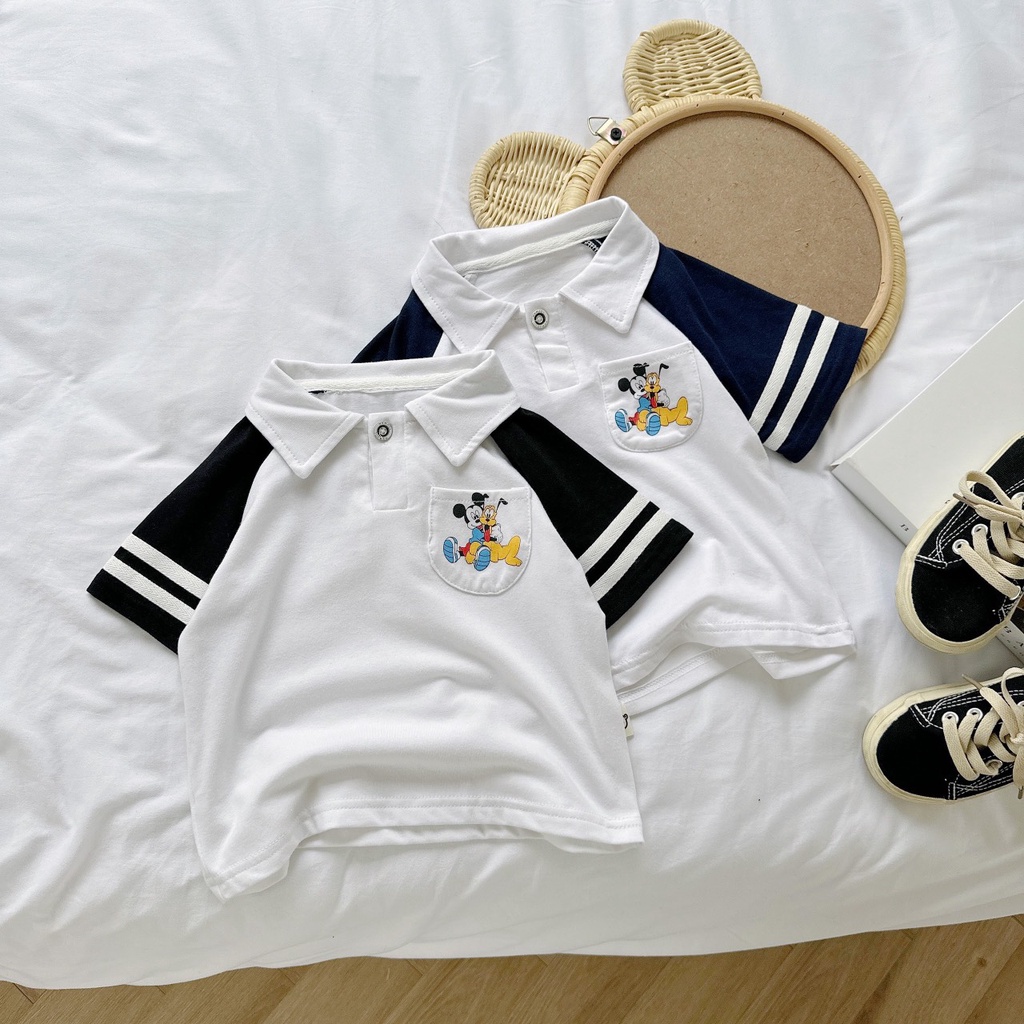 Bộ polo cotton cộc tay phối kẻ Mozi cho bé trai bé gái