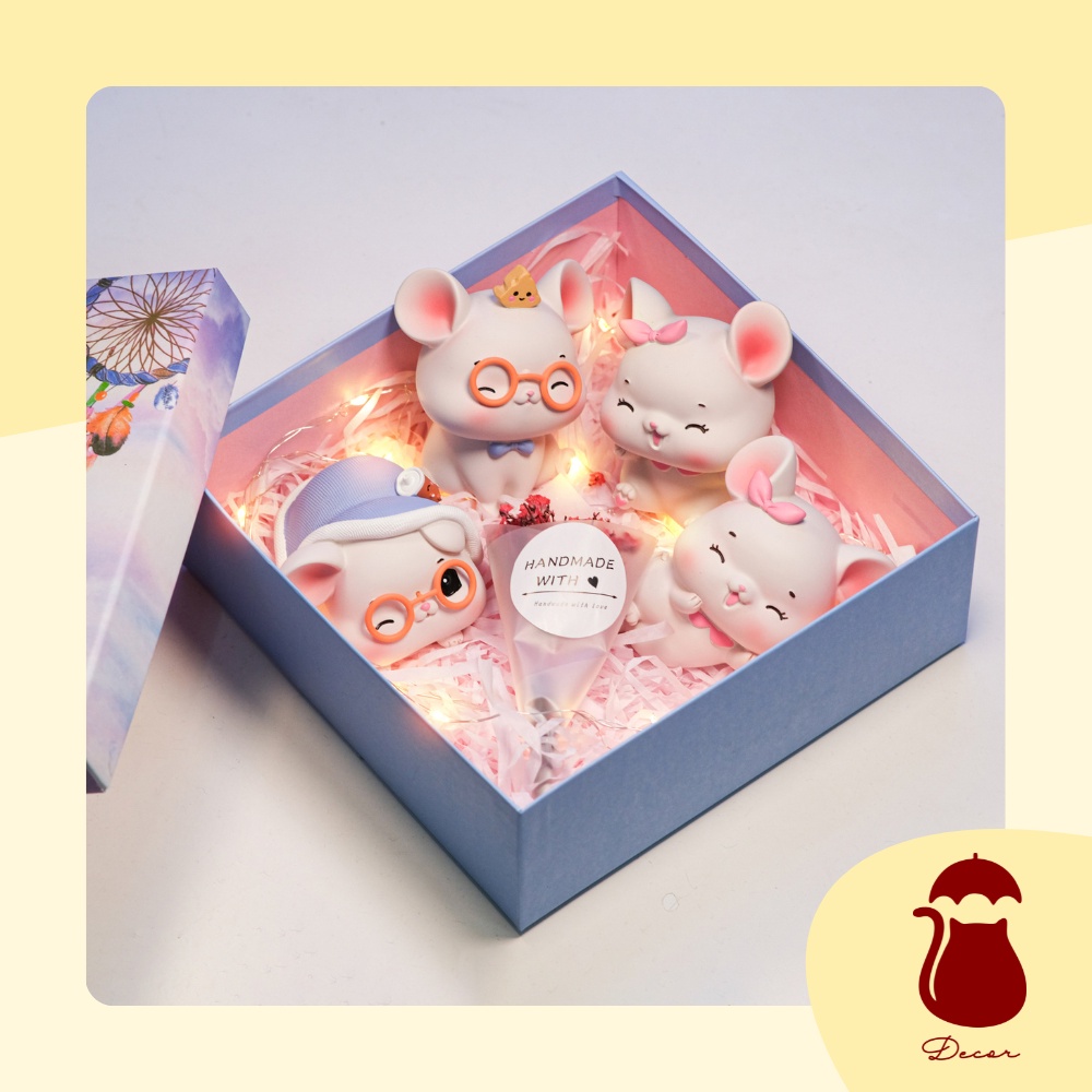 Full Set mô hình 4 bé chuột trắng Ô DECOR, tượng chuột decor mini để bàn màu trắng full biểu cảm đáng yêu dễ thương cute