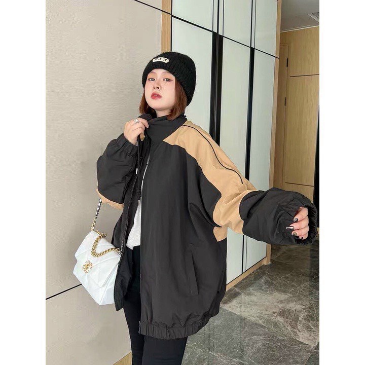 Áo Khoác Dù Nữ 2 Lớp Cổ Trụ Phối Tay Nâu Kiểu Trơn Sịn Sò Form Rộng Trẻ Trung NEW UNISEX