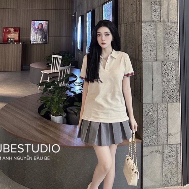 Áo polo nữ áo thun nữ form rộng nude kèm chân váy ngắn xếp ly siêu xinh shop Bống Xinh Design (Kèm ảnh thật)