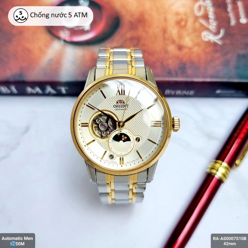 Đồng hồ cơ nam Orient Watch Sun And Moon RA-AS000 lộ máy mặt kính sapphire chống xước dây thép đeo tay chính hãng