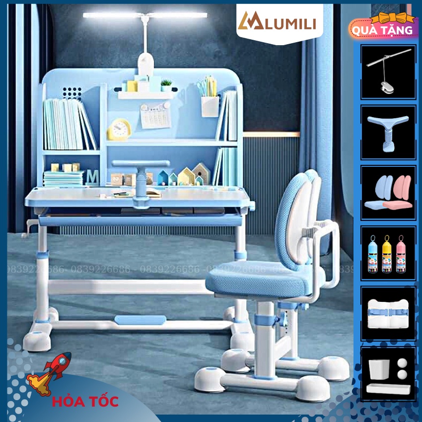 Bàn học chống gù chống cận thông minh Lumili A22 có giá để sách mới cho học sinh, nâng hạ bằng tay quay size lớn