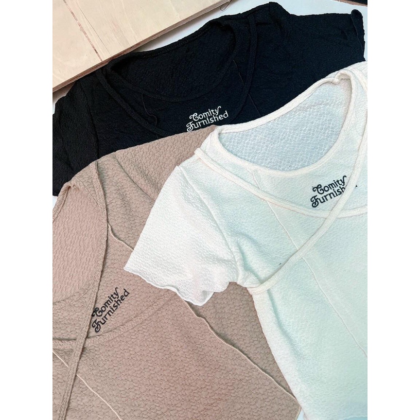 Áo Croptop Cổ Tròn Dây Chéo Thêu Tay Ngắn