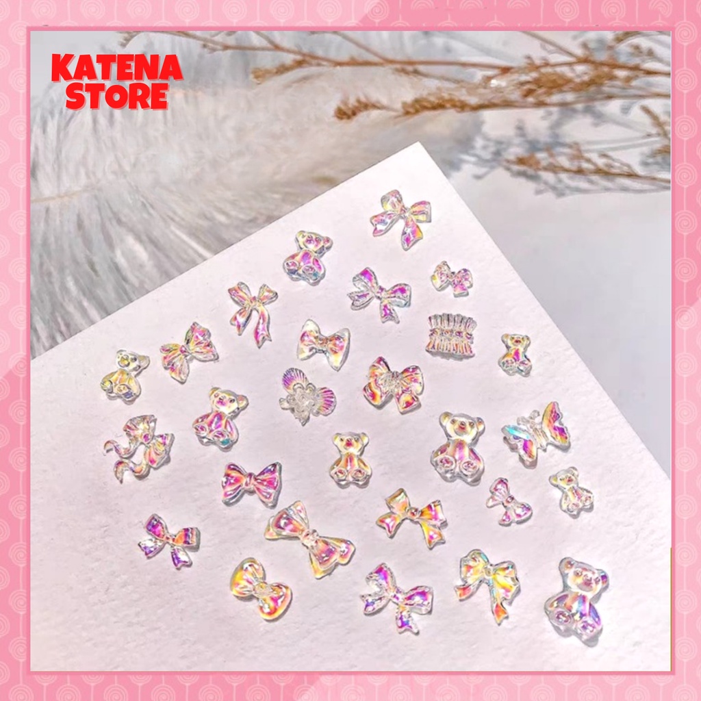 Set 2 cái - Charm nail hình nơ trong suốt hologram trang trí móng nghệ thuật