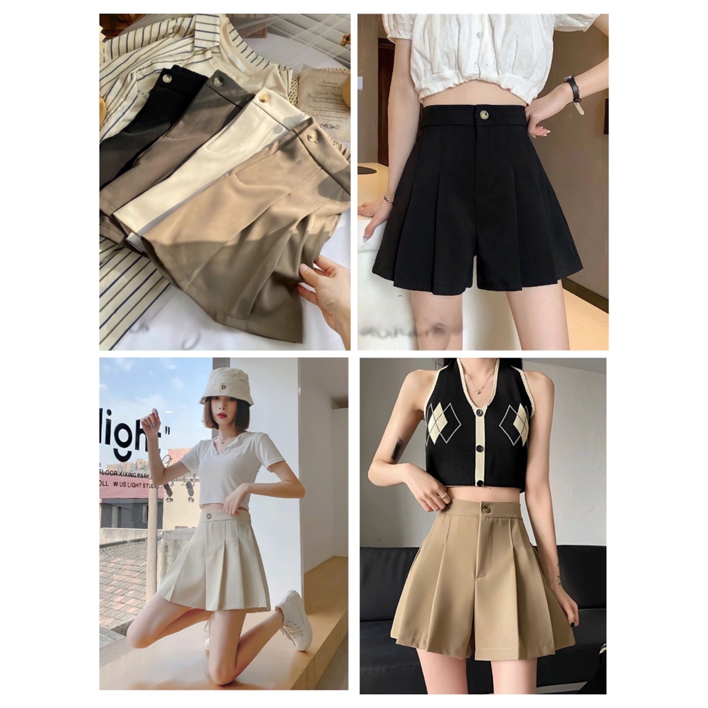 Quần Đùi Xếp Ly Nữ Cạp Cao Dáng Xòe Tuyết Mưa Ống Rộng 3 Màu Full Size Siêu Xinh