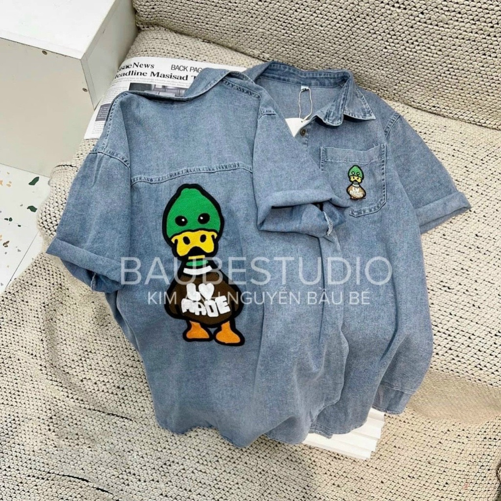 Sơ Mi Bò Cộc Tay Giấu QUần Hình Vịt Xanh Dáng Rộng Đuôi Tôm - Sơ Mi Jeans Thêu Túi