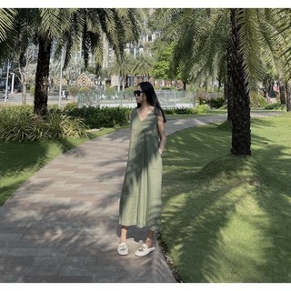 Đầm Maxi dáng suông nữ vải Linen cổ tim trước sau basic [XÍN - Fashion Design]