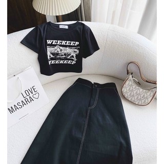 Set crop pull đen chân váy midi jean 15745