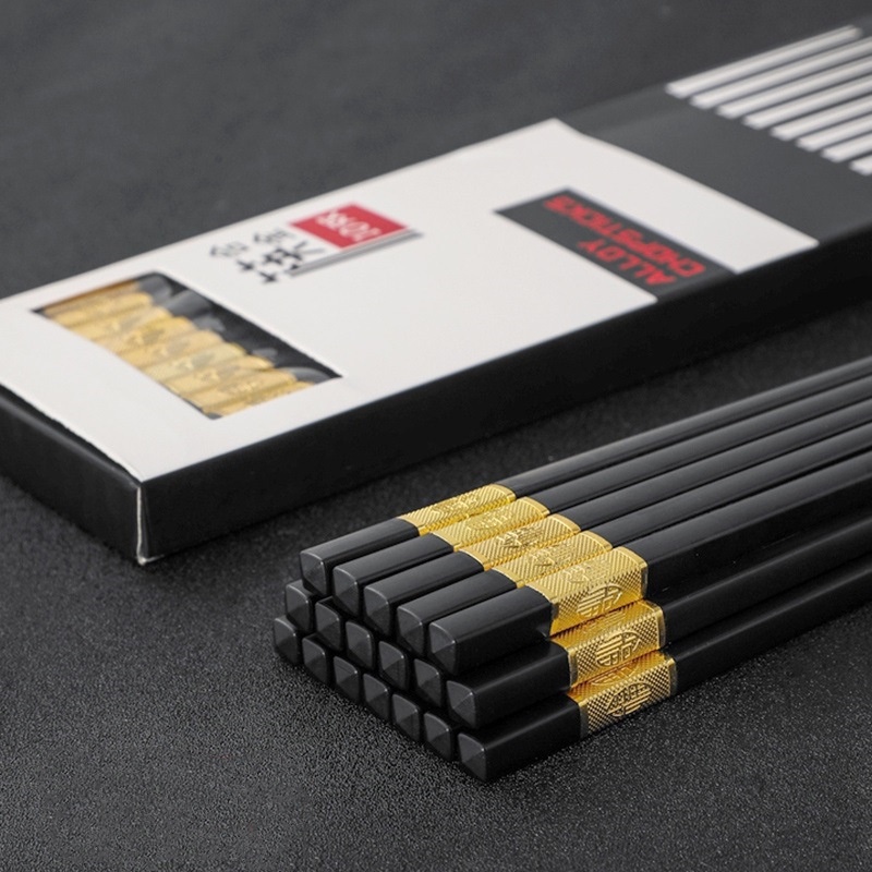 Bộ 10 đôi đũa ăn nấu bếp đen hợp kim sợi thủy tinh đầu mạ vàng chịu nhiệt chống trơn mốc cho gia đình quán ăn nhà hàng