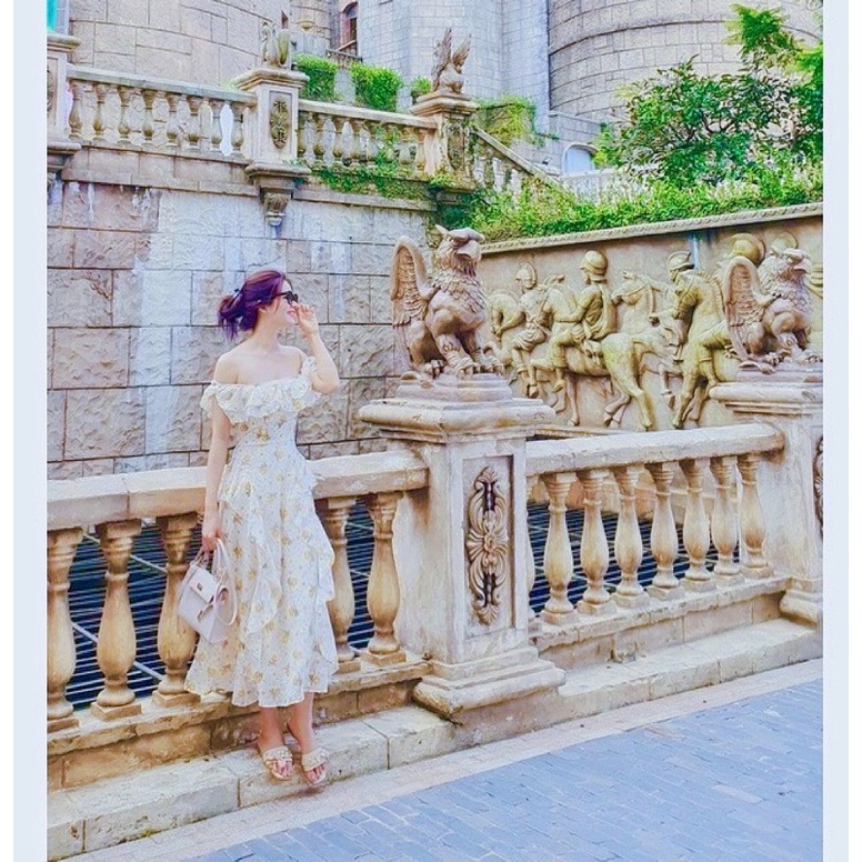 Đầm Váy Maxi Voan Hoa Nhí Trễ Vai Hàng Thiết Kế, Đầm Váy Quảng Châu Maxi Phối Bèo Tầng ,Mã Số A219