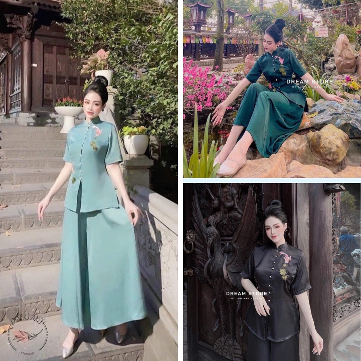 Bộ Đi Chùa - Đồ Lam Đi Chùa Nữ Chất Lụa Mềm Mịn, Thêu Hoa Mẫu Đơn Cúc Bọc Thanh Lịch tTrẻ Chung Dieuanh_5202