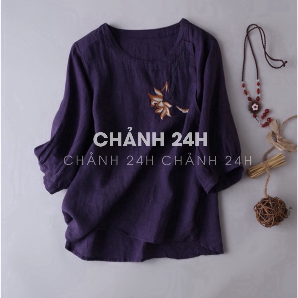 Áo trung niên nữ thêu hoa thiết kế tặng mẹ Chảnh 24h áo kiểu form rộng bigsize chất liệu mềm nhẹ mát AKH.64