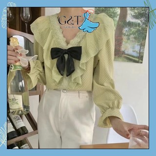 Áo sơ mi tay dài cách điệu bánh bèo, cổ v kèm nơ - at23