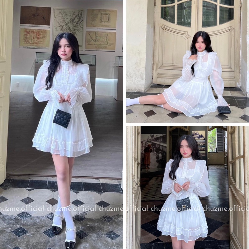 Đầm trắng tiểu thư voan tơ phối bèo ngực THẦN LONG TỈ TỈ tay phồng