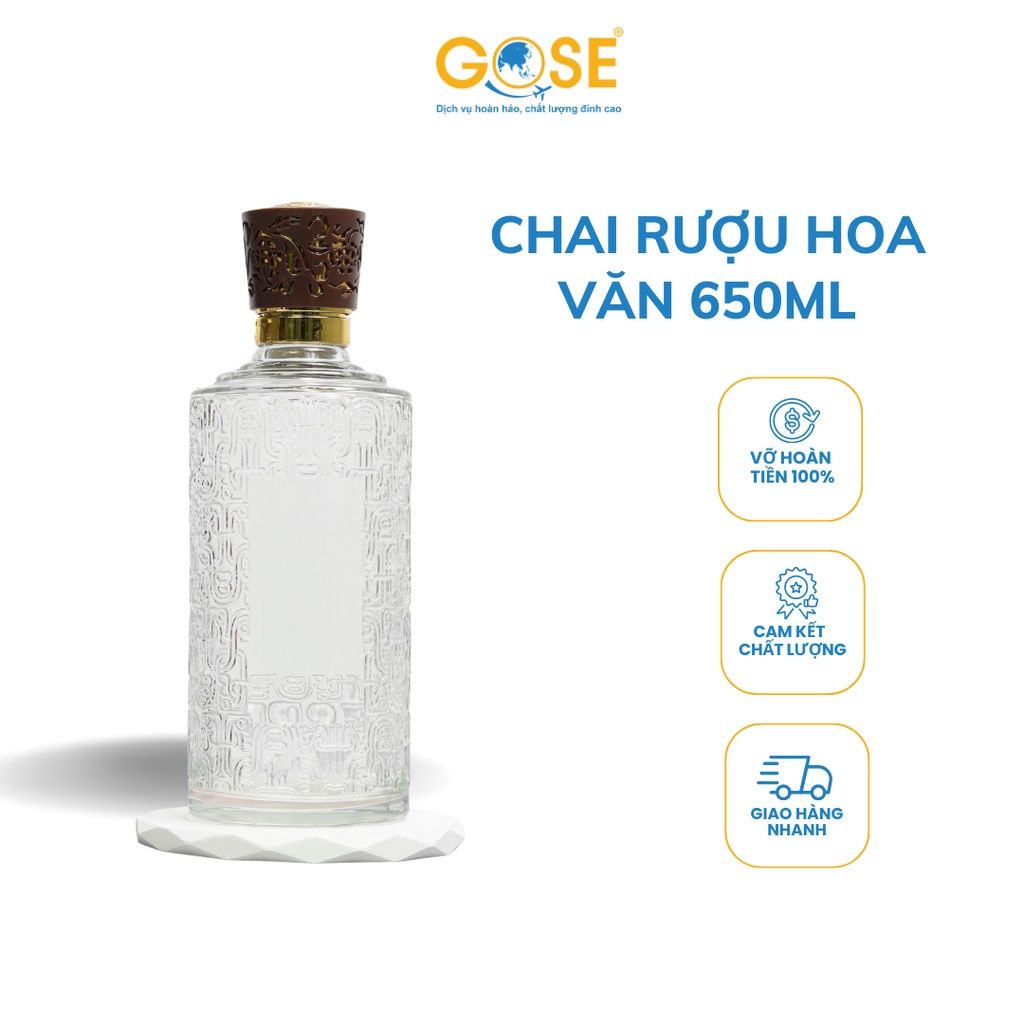 Chai thủy tinh đựng rượu 650ml GOSE thiết kế hoa văn nắp nâu sang trọng