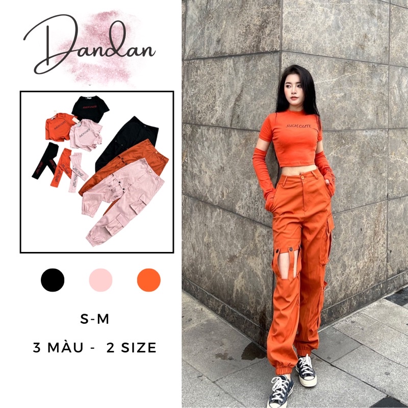 Bộ thể thao nữ, bộ quần jogger kaki túi hộp phối croptop thêu tay HOT HIT DANSTORE
