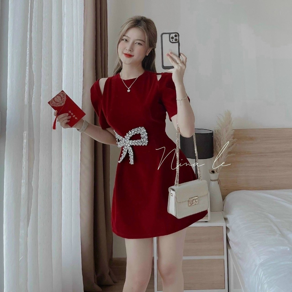 Váy đầm đính nơ ngang hông chất liệu nhung mịn màng