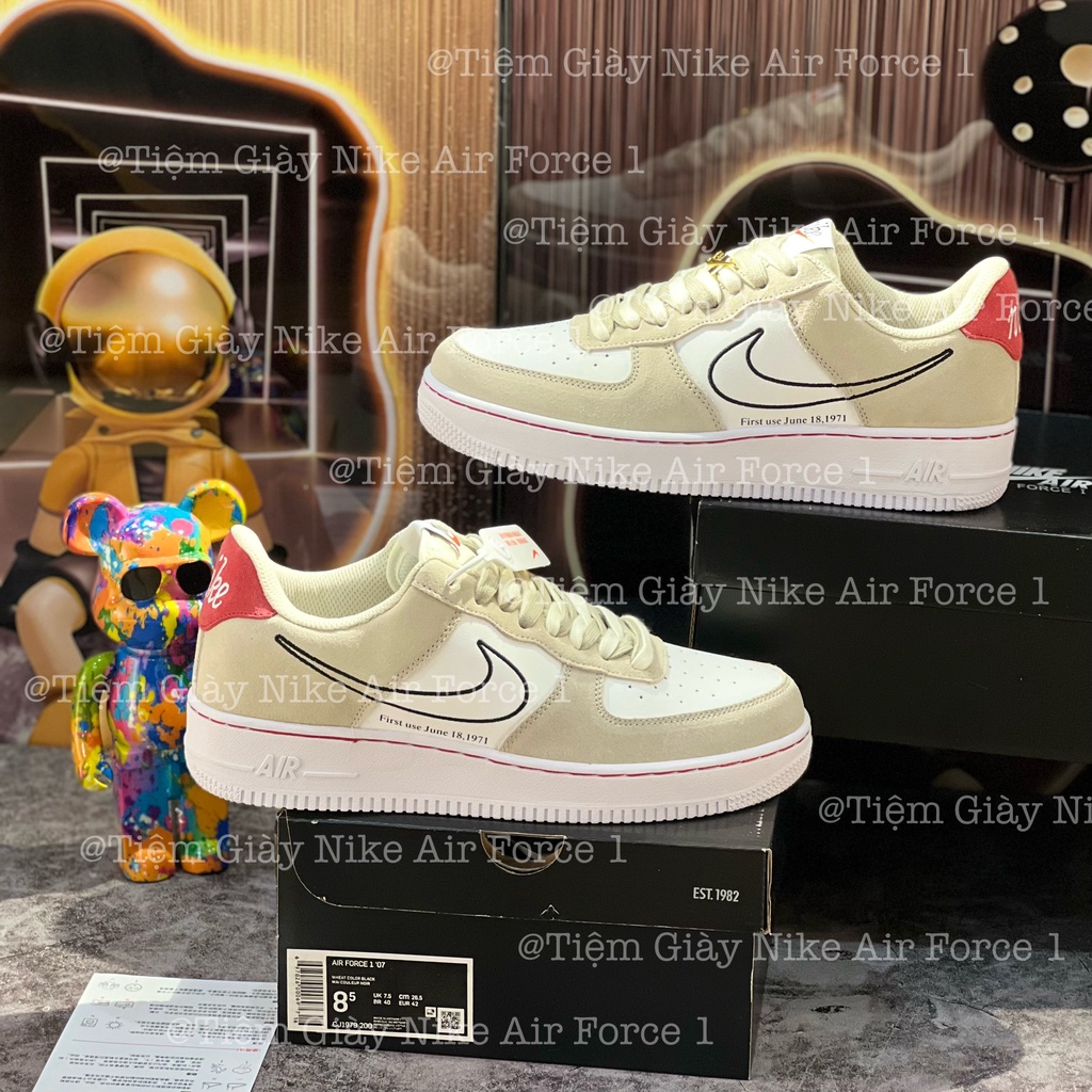 Giày Thể Thao Af1 Low First Use Light Sail Red  Af1 Xám Da Lộn Mũi Trắng Gót Đỏ Tặng Tất