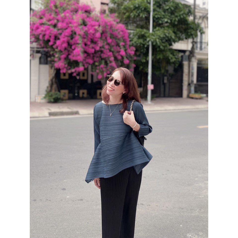 (HÀNG SẴN - ẢNH THẬT) Áo thun lò xo tay dài cổ tròn, Áo nhúng vạt xéo cách điệu, freesize co giãn nhiều