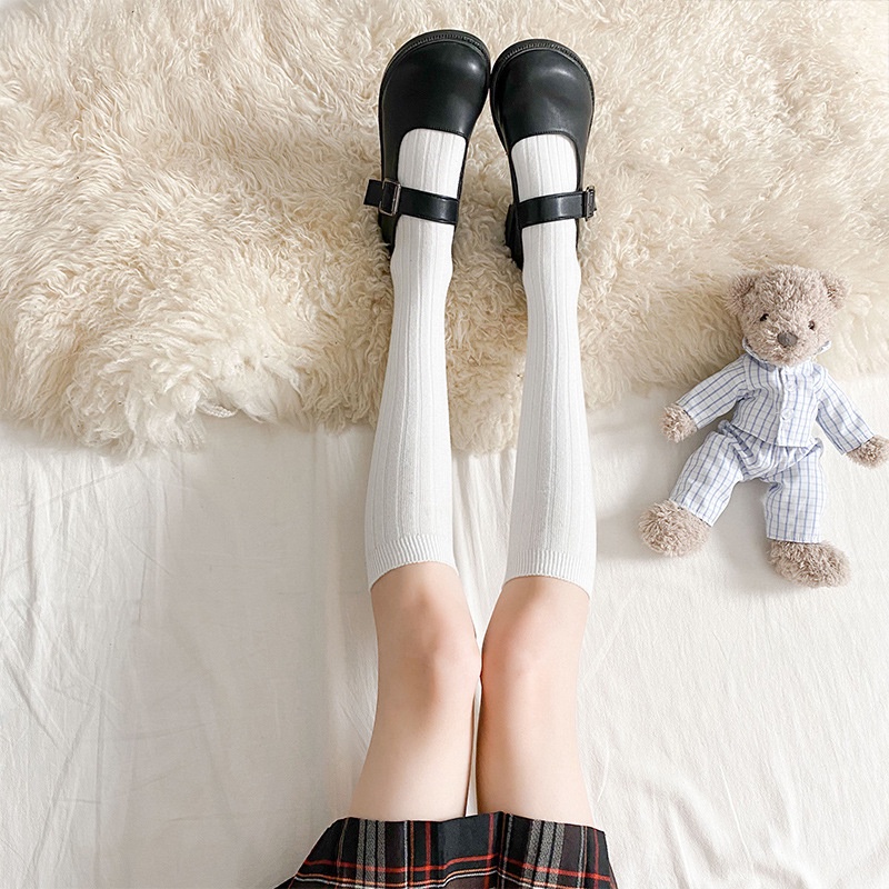 Tất cotton FHYL cổ cao họa tiết kẻ sọc màu trơn thời trang xuân hè xinh xắn cho nữ