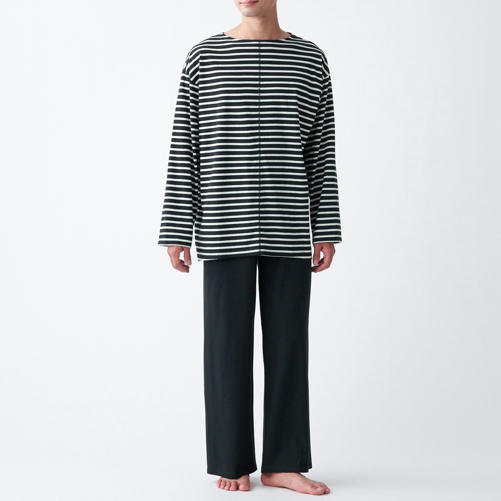 MUJI BỘ PYJAMA KHÔNG ĐƯỜNG MAY SƯỜN VẢI JERSEY NAM L-XL SỌC ĐEN