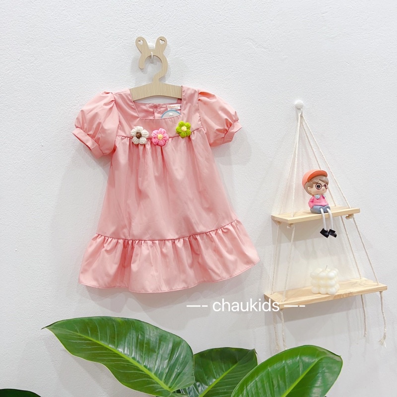 Váy đầm cổ vuông hoa nổi cho bé gái
