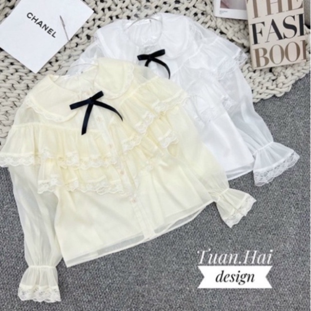 Áo sơ mi tơ 2 lớp phối nơ nội y xanh - chất mát - Áo kiểu mặc dạo phố, đi biển - Nữ Tay Phồng Buộc Dây tiểu thư