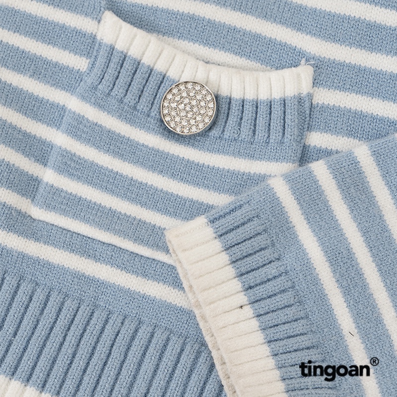 TINGOAN® - Áo set len cardigan lửng tặng kèm áo 2 dây kẻ ngang nhỏ xanh vai bồng CAPPUCCINO CARDIGAN/BLUE