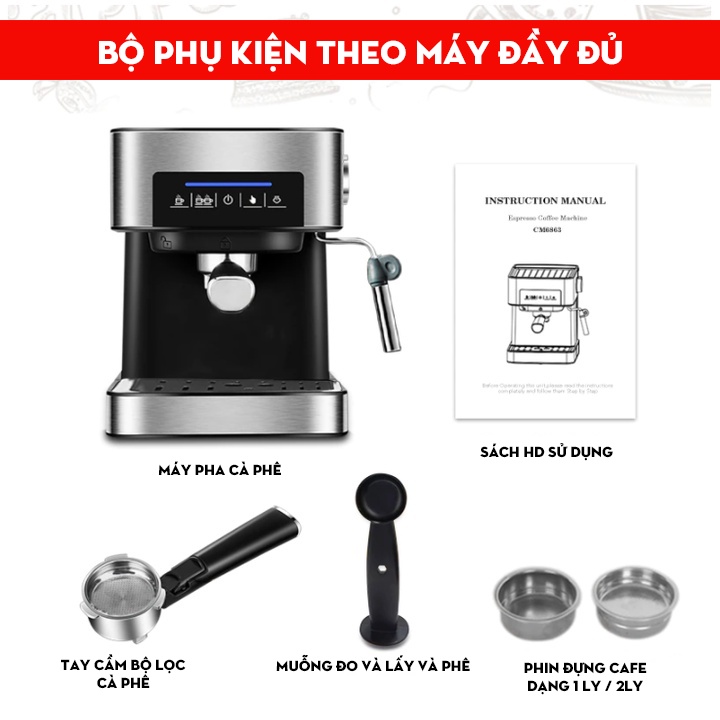 Máy pha cà phê Espresso CM6863, 20 bar, chế độ pha 1 ly và 2 ly, chuẩn vị espresso