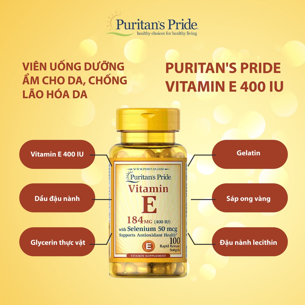 Vitamin E 400 IU dạng viên dưỡng ẩm cho da, chống lão hóa da Puritan's Pride 50 viên