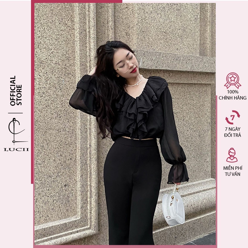 Áo sơ mi nữ LUCII croptop chất liệu voan nhật thiết kế tay phồng cổ bèo - LU28