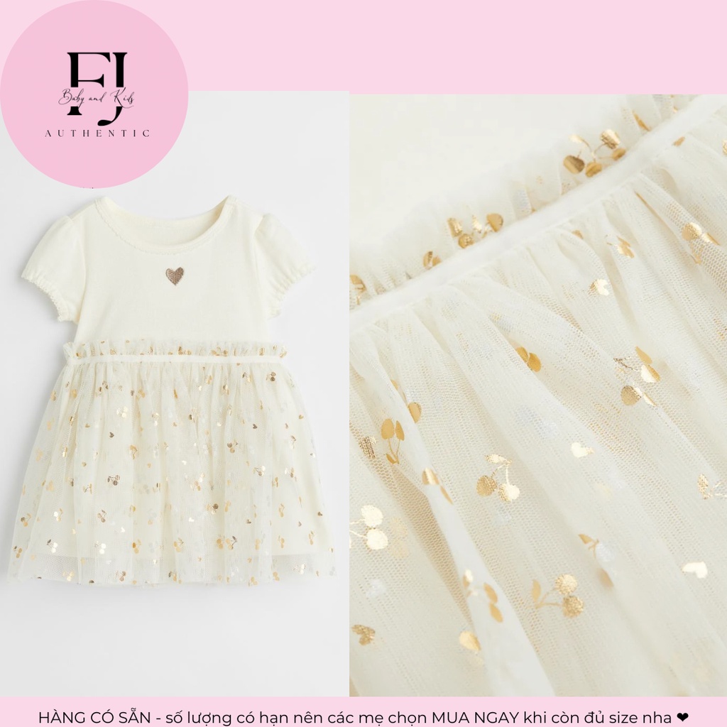 Váy trẻ em chính hãng HM, váy bé gái váy ren trắng cộc tay, hàng hiệu cho bé