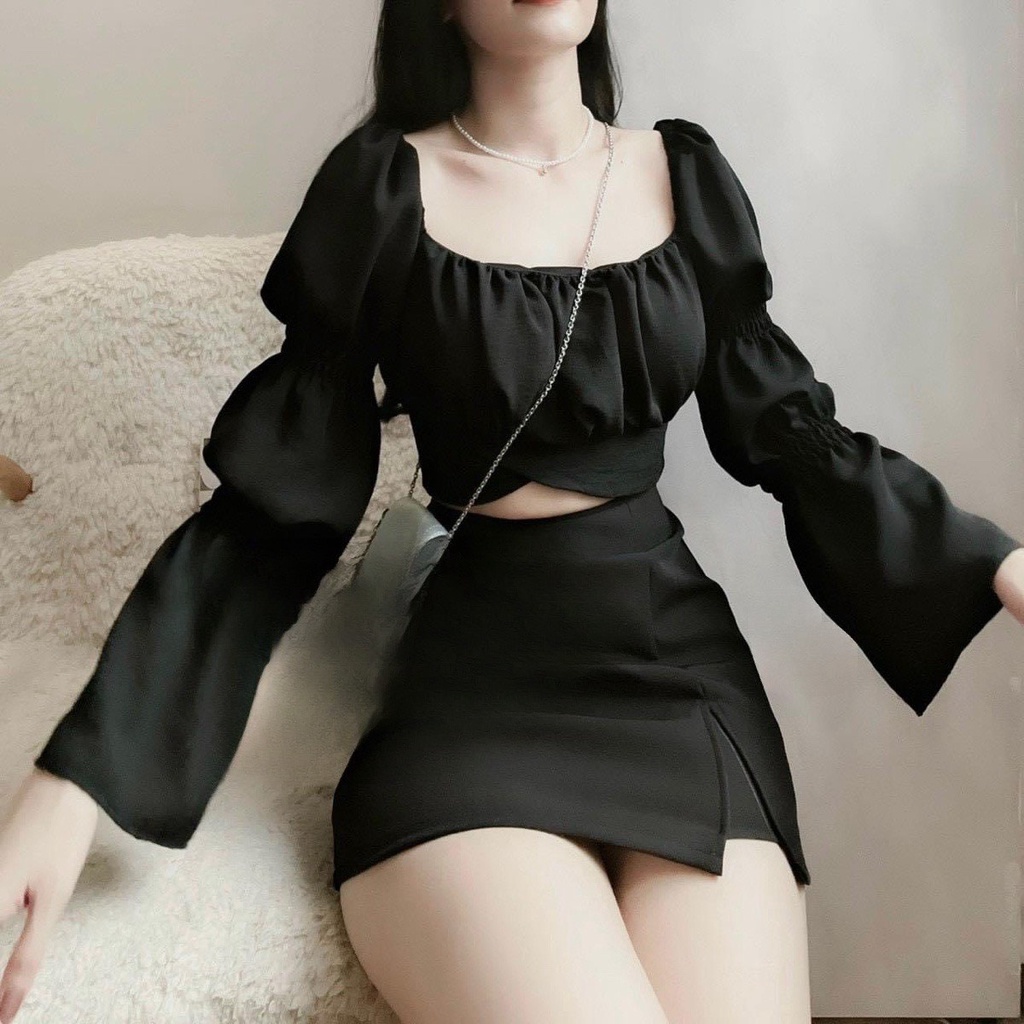 Sét Bộ Áo Croptop Cổ Vuông Tay Phòng Kèm Chân Váy Xẻ Đùi Dáng A Bigsize Quỳnh Anh Từ 50kg Đến 100kg (M/L/XL/XXL)