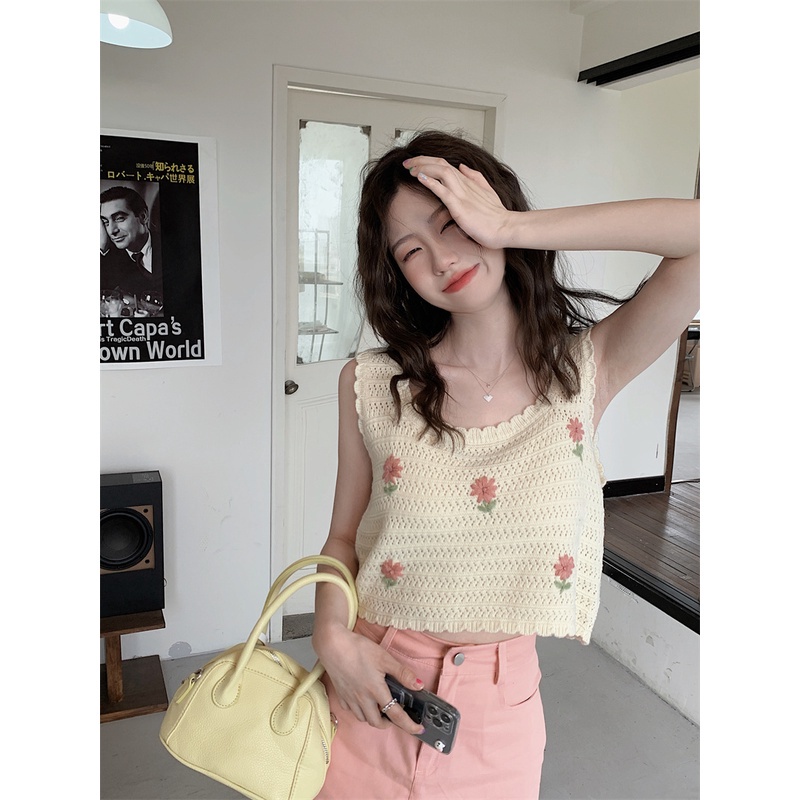 Minimalist Labo Áo Hai Dây Dệt Kim Dáng Rộng Thêu Hoa Xinh Xắn