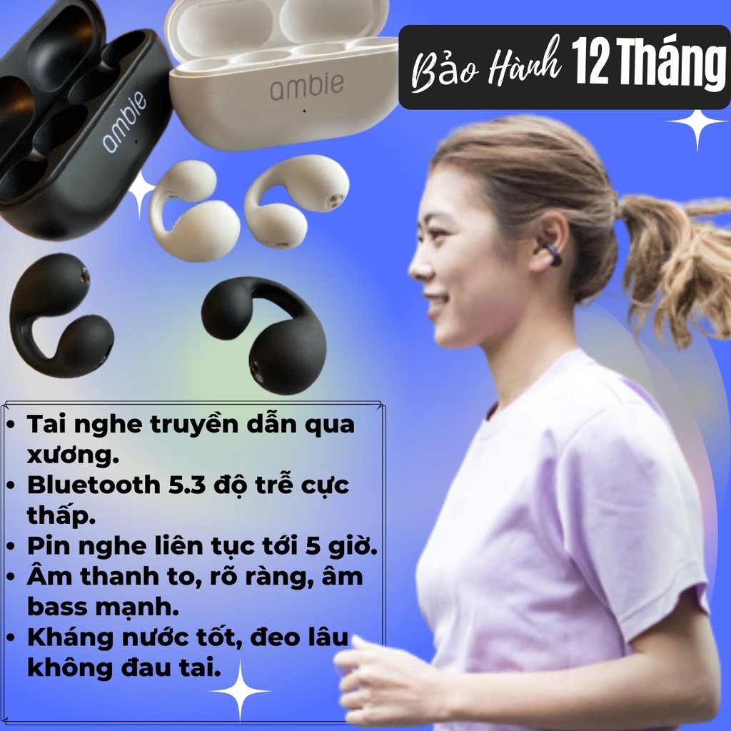 Tai Nghe Bluetooth Không Dây AMBIE Truyền Âm Thanh Qua Xương, Pin Tới 5h, Âm Thanh Cực Hay, Kháng Nước IPX7 – BH 1 Năm