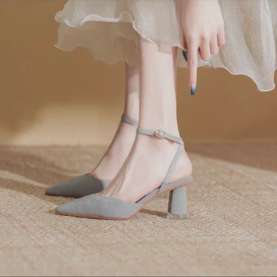 Giày cao gót nữ đế vuông giày cao gót đính đá giày cao gót bít mũi giày cao gót nữ 5 phân giày cao gót nữ mũi nhọn Sandal Cao Gót Mũi Nhọn Phong Cách Mới Mùa Hè 2022 3.11