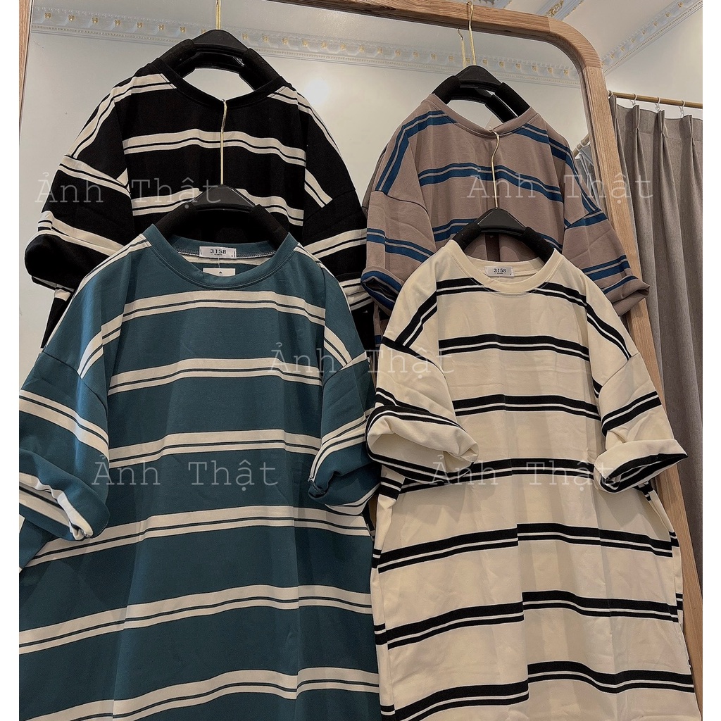Áo Phông Nam Nữ 3158 Tay Lỡ Kẻ Sọc Ngang Unisex Chất Cotton Khô Tàu - Áo Thun Nam Nữ Cộc Tay