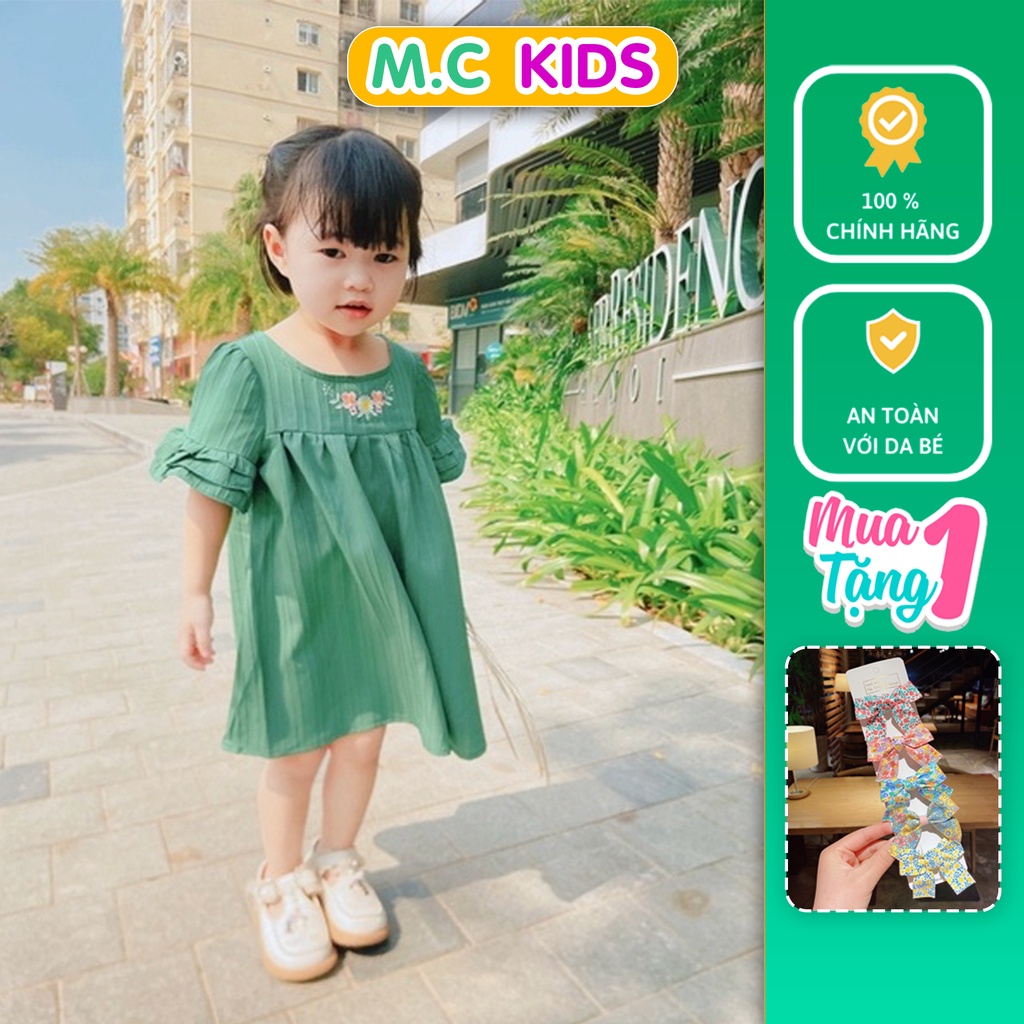 Váy babydoll thêu tay xếp xoè, Đầm bé gái M.C Kids, vải đũi đẹp, váy cho bé gái đi học, đi chơi