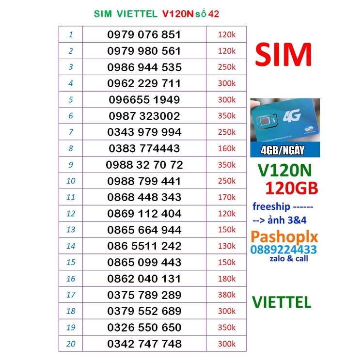 Sim viettel V120N V90 số đẹp 42 (120k = 120gb 4g, gọi viettel free, 50' ngoại mạng)